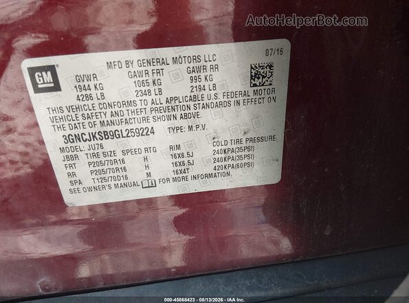 3GNCJKSB9GL259224 2016 CHEVROLET TRAX Красный Вид подкапотного пространства
