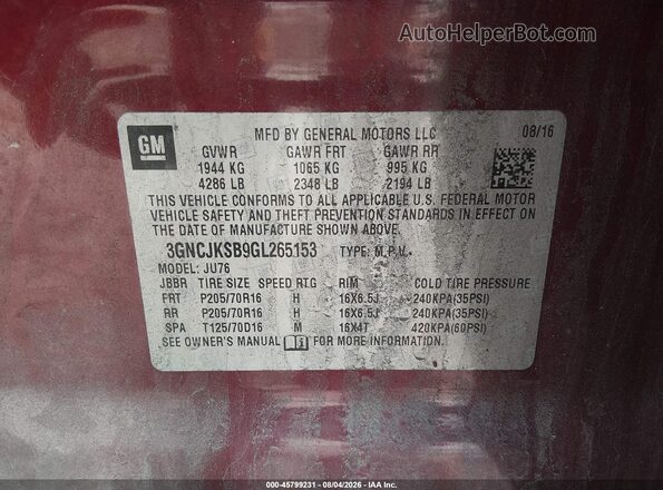 3GNCJKSB9GL265153 2016 CHEVROLET TRAX Maroon Вид підкапотного простору