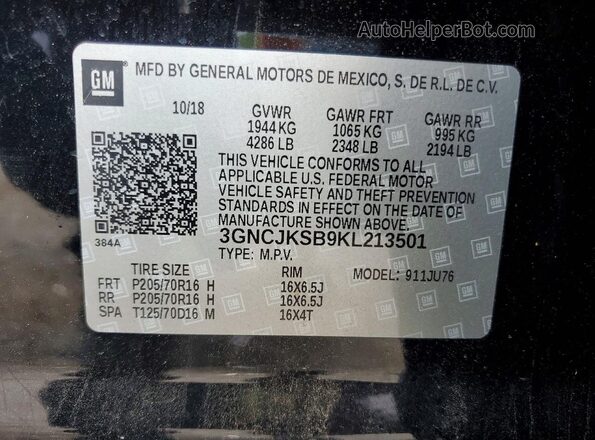 3GNCJKSB9KL213501 2019 CHEVROLET TRAX Black Vista de la etiqueta del VIN