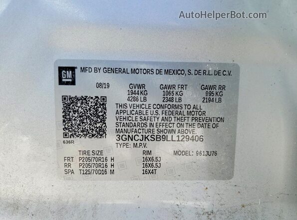3GNCJKSB9LL129406 2020 CHEVROLET TRAX Gray VIN კოდის სტიკერის ხედი