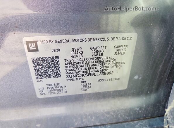 3GNCJKSB9LL339892 2020 CHEVROLET TRAX Серебряный Вид наклейки с VIN-кодом