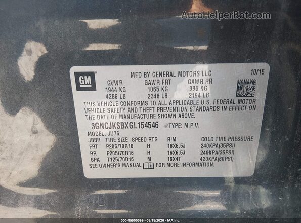 3GNCJKSBXGL154546 2016 CHEVROLET TRAX Gray Շարժիչի բաժամունքի տեսք