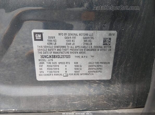 3GNCJKSBXGL237023 2016 CHEVROLET TRAX Gray Вид підкапотного простору