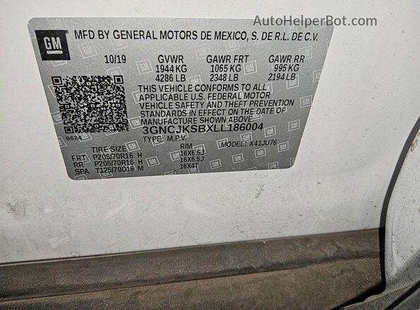 3GNCJKSBXLL186004 2020 CHEVROLET TRAX White VIN კოდის სტიკერის ხედი