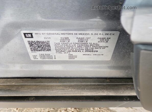 3GNCJKSBXLL206929 2020 CHEVROLET TRAX Gray Widok naklejki z numerem VIN