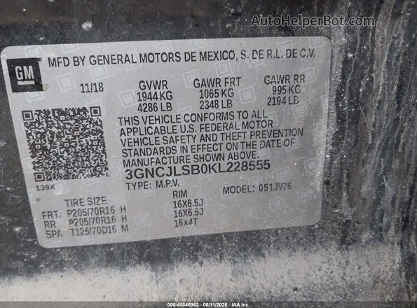 3GNCJLSB0KL228555 2019 CHEVROLET TRAX Gray Widok komory silnika