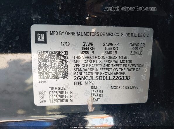 3GNCJLSB0LL226838 2020 CHEVROLET TRAX Черный Вид подкапотного пространства