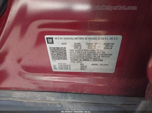 3GNCJLSB0LL255496 2020 CHEVROLET TRAX Red ძრავის განყოფილების ხედი