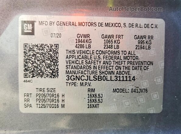 3GNCJLSB0LL311114 2020 CHEVROLET TRAX Gray Widok naklejki z numerem VIN