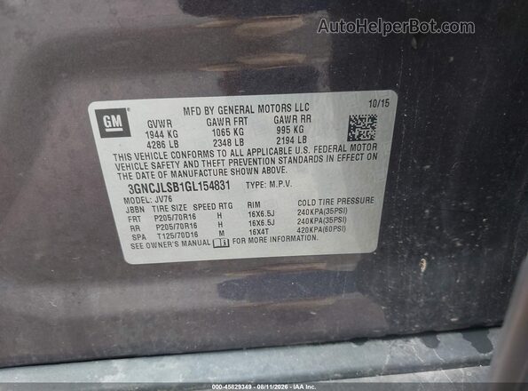 3GNCJLSB1GL154831 2016 CHEVROLET TRAX Gray ძრავის განყოფილების ხედი