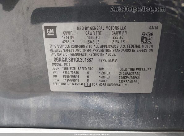 3GNCJLSB1GL201887 2016 CHEVROLET TRAX Gray Вид підкапотного простору