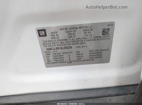 3GNCJLSB1GL280204 2016 CHEVROLET TRAX White Engine compartment view