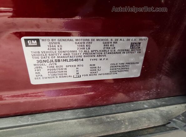 3GNCJLSB1HL264814 2017 CHEVROLET TRAX Burgundy VIN կոդի պիտակի տեսք