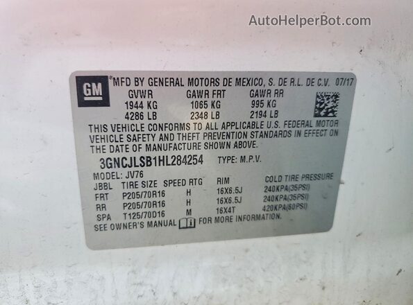 3GNCJLSB1HL284254 2017 CHEVROLET TRAX White Vista de la etiqueta del VIN
