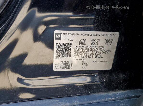3GNCJLSB1LL309565 2020 CHEVROLET TRAX Black Widok naklejki z numerem VIN