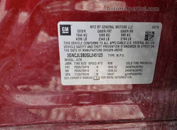 3GNCJLSB2GL245123 2016 CHEVROLET TRAX Red Շարժիչի բաժամունքի տեսք