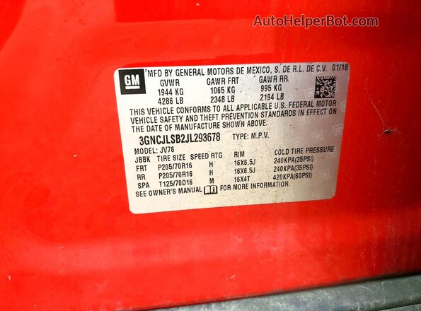 3GNCJLSB2JL293678 2018 CHEVROLET TRAX Red Widok naklejki z numerem VIN