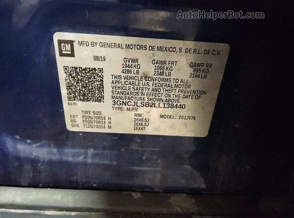 3GNCJLSB2LL138440 2020 CHEVROLET TRAX Blue VIN sticker view