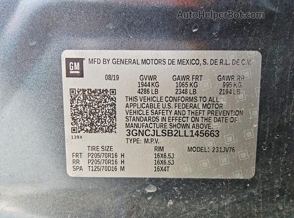 3GNCJLSB2LL145663 2020 CHEVROLET TRAX Gray VIN կոդի պիտակի տեսք