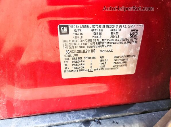 3GNCJLSB3JL211182 2018 CHEVROLET TRAX Burgundy Widok naklejki z numerem VIN
