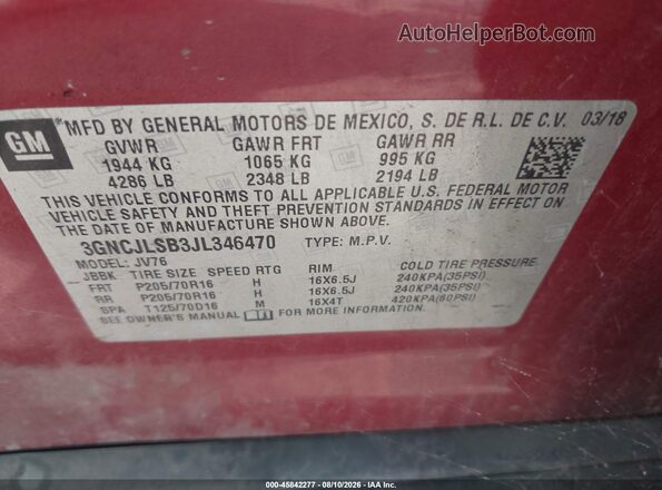 3GNCJLSB3JL346470 2018 CHEVROLET TRAX Red ძრავის განყოფილების ხედი