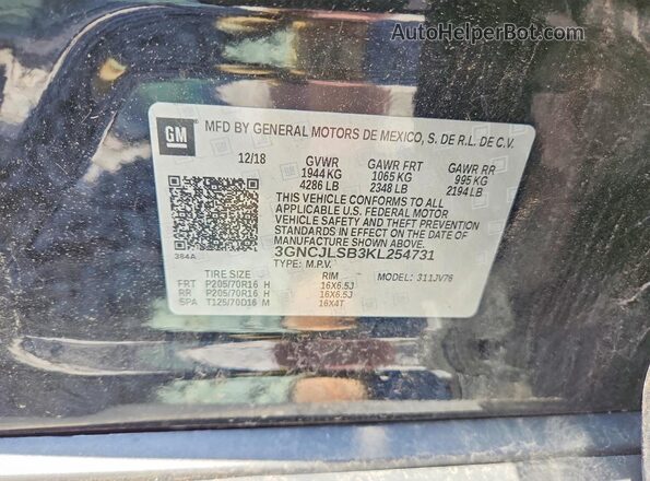 3GNCJLSB3KL254731 2019 CHEVROLET TRAX Black Вид наклейки з VIN-кодом