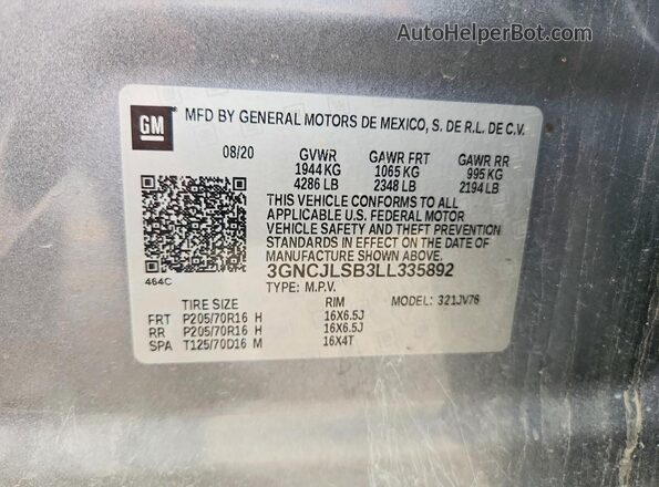 3GNCJLSB3LL335892 2020 CHEVROLET TRAX Gray Շարժիչի բաժամունքի տեսք