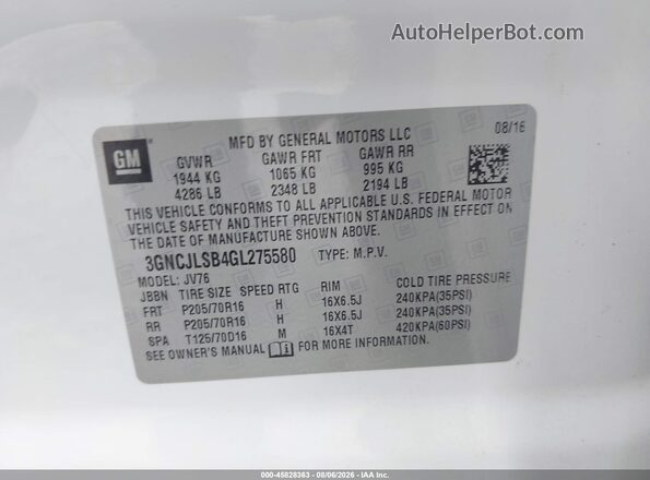 3GNCJLSB4GL275580 2016 CHEVROLET TRAX White Вид підкапотного простору