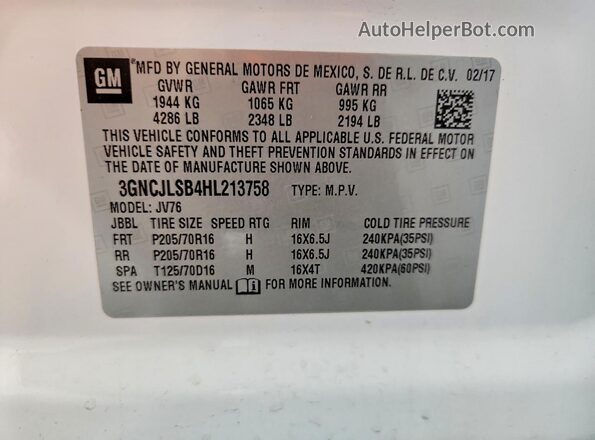 3GNCJLSB4HL213758 2017 CHEVROLET TRAX White Вид підкапотного простору