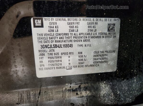 3GNCJLSB4JL168049 2018 CHEVROLET TRAX Black Vista de la etiqueta del VIN
