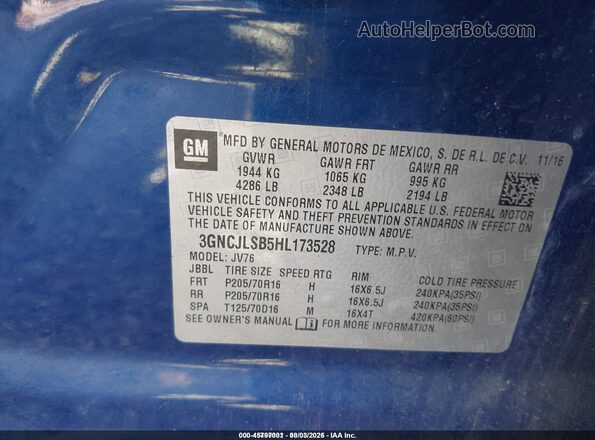 3GNCJLSB5HL173528 2017 CHEVROLET TRAX Blue Widok komory silnika