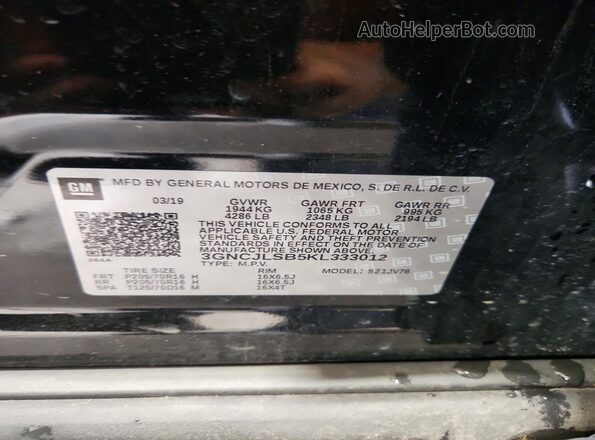 3GNCJLSB5KL333012 2019 CHEVROLET TRAX Black Widok naklejki z numerem VIN