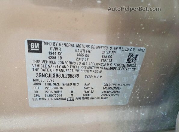 3GNCJLSB6JL206848 2018 CHEVROLET TRAX Brown Vista interior de 360 grados