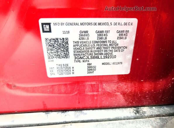 3GNCJLSB6LL192310 2020 CHEVROLET TRAX Red Vista de la etiqueta del VIN