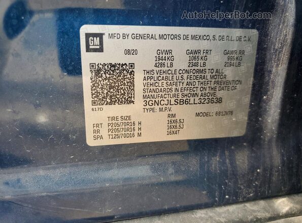 3GNCJLSB6LL323638 2020 CHEVROLET TRAX Blue VIN կոդի պիտակի տեսք