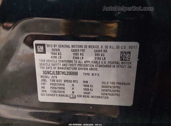 3GNCJLSB7HL206898 2017 CHEVROLET TRAX Черный Вид подкапотного пространства