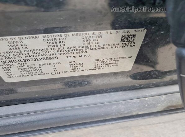3GNCJLSB7JL259929 2018 CHEVROLET TRAX Charcoal Vista de la etiqueta del VIN