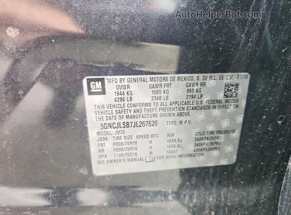 3GNCJLSB7JL267626 2018 CHEVROLET TRAX Gray Vista de la etiqueta del VIN