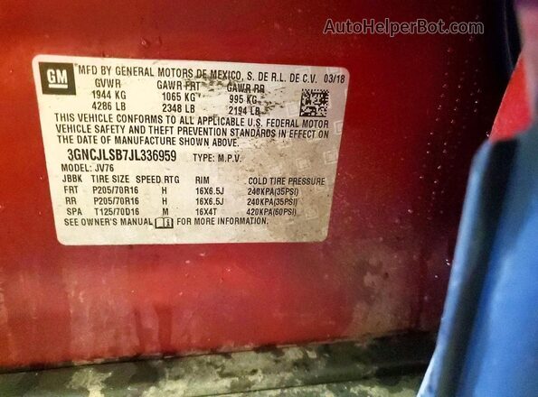 3GNCJLSB7JL336959 2018 CHEVROLET TRAX Red VIN კოდის სტიკერის ხედი