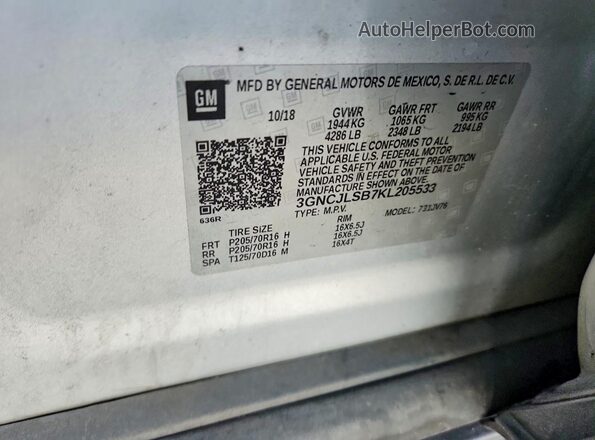 3GNCJLSB7KL205533 2019 CHEVROLET TRAX Silver VIN կոդի պիտակի տեսք