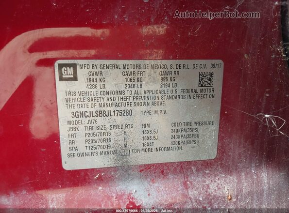 3GNCJLSB8JL175280 2018 CHEVROLET TRAX Red Widok komory silnika