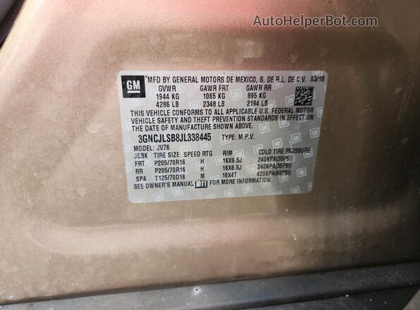 3GNCJLSB8JL338445 2018 CHEVROLET TRAX Brown VIN sticker view