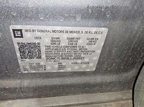 3GNCJLSB8LL202027 2020 CHEVROLET TRAX Gray Widok naklejki z numerem VIN
