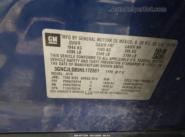3GNCJLSB9HL172561 2017 CHEVROLET TRAX Blue ძრავის განყოფილების ხედი