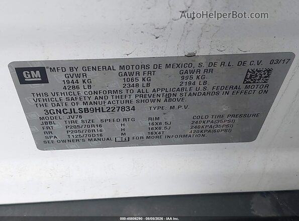 3GNCJLSB9HL227834 2017 CHEVROLET TRAX White Engine compartment view