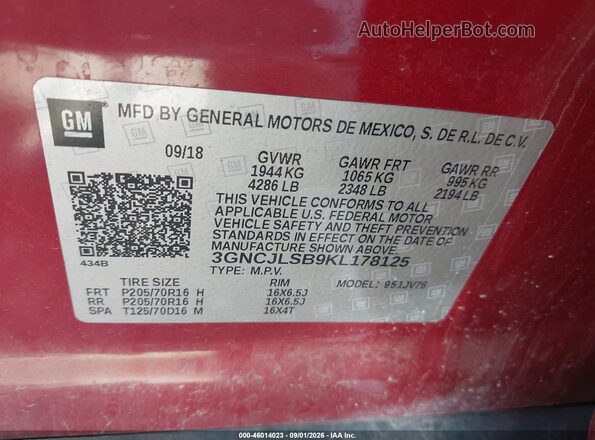 3GNCJLSB9KL178125 2019 CHEVROLET TRAX Red ძრავის განყოფილების ხედი