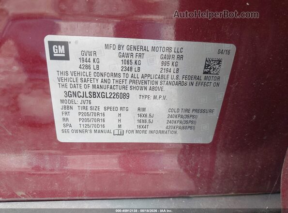 3GNCJLSBXGL226089 2016 CHEVROLET TRAX Burgundy Engine compartment view