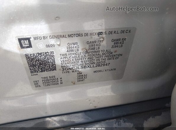 3GNCJLSBXLL282947 2020 CHEVROLET TRAX Silver Շարժիչի բաժամունքի տեսք