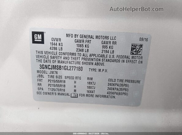 3GNCJMSB1GL277180 2016 CHEVROLET TRAX Tan Շարժիչի բաժամունքի տեսք