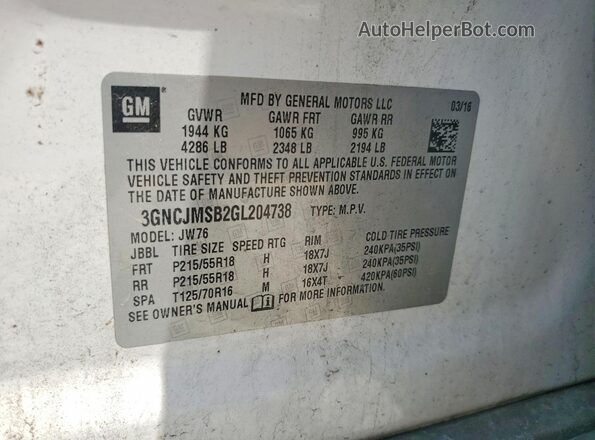 3GNCJMSB2GL204738 2016 CHEVROLET TRAX White Vista de la etiqueta del VIN